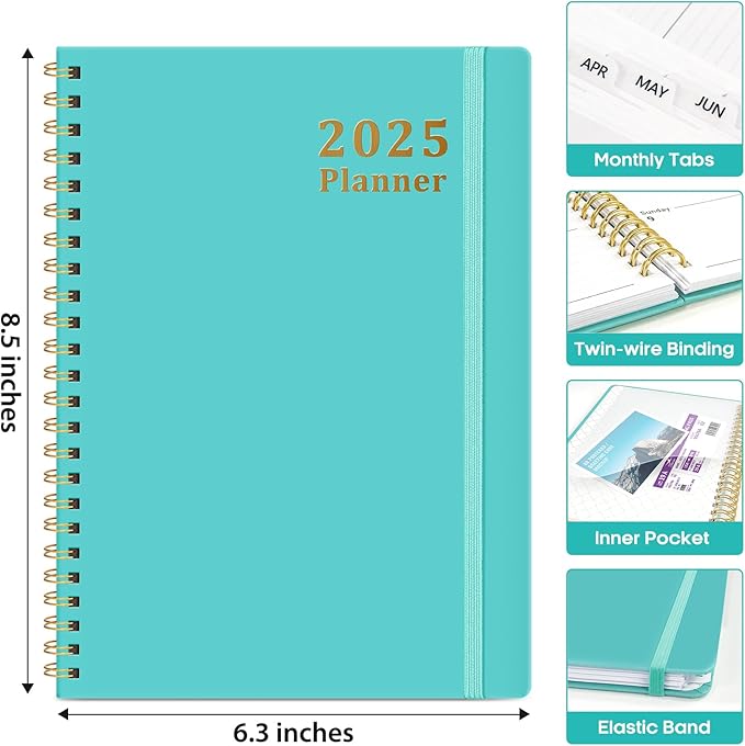 2025 Planner - Weekly and Monthly Planner Spiral Bound, January 2025 - December 2025, Hardcover 2025 Calendar Planner Book with Tabs, Inner Pocket, Perfect for Office Home School Supplies - A5 (6.3" x 8.5"), Aquamarine