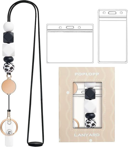 Retractable Lanyards for ID Badges and Keys, Cute Breakaway Teacher Lanyard with Badge Holders and Reels, Silicone Beaded Lanyard for Women, Nurses, Office with 2 Waterproof Card Holders