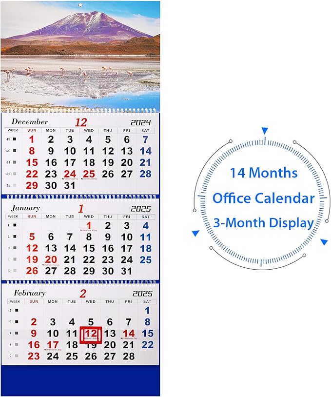 2025 Wall Calendar Large Wall Calendar 3 Month Display Vertical Calendar with Thick Paper 33" x 13" from Dec 2024 to Jan 2026 for Perfect Daily Planner (Blue-2)