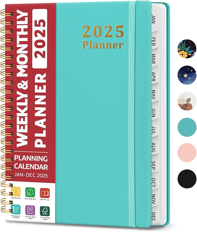 2025 Planner - Weekly and Monthly Planner Spiral Bound, January 2025 - December 2025, Hardcover 2025 Calendar Planner Book with Tabs, Inner Pocket, Perfect for Office Home School Supplies - A5 (6.3" x 8.5"), Aquamarine