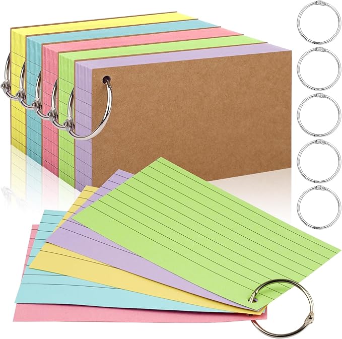 350 Pcs Index Cards With Ring, 3x5 Inches Flash Cards With Rings，Colored Heavy Notecards With Ring, Punched Lined Study Cards For School, College, Home, Office, Memory, To Do List (5 Colors)