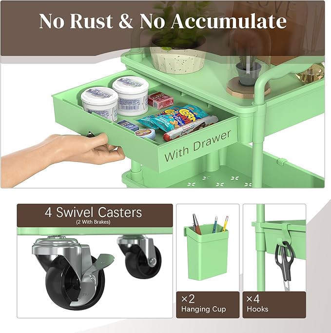 4 Tier Rolling Utility Cart with Drawer, Utility Storage Organizer with Plastic Shelf & Lockable Wheels Multifunctional Storage Cart for Kitchen, Bathroom, Office, Living Room, Green