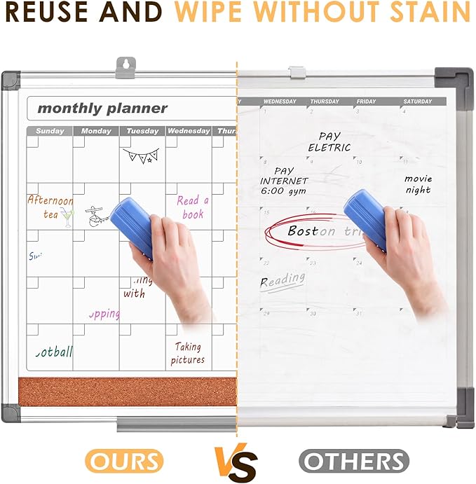 MAKELLO Dry Erase Calendar for Wall 36x24 in, Large Calendar Whiteboard with Cork Board for Office, Home, School, Family, Kitchen and Bedroom, 3' x 2'