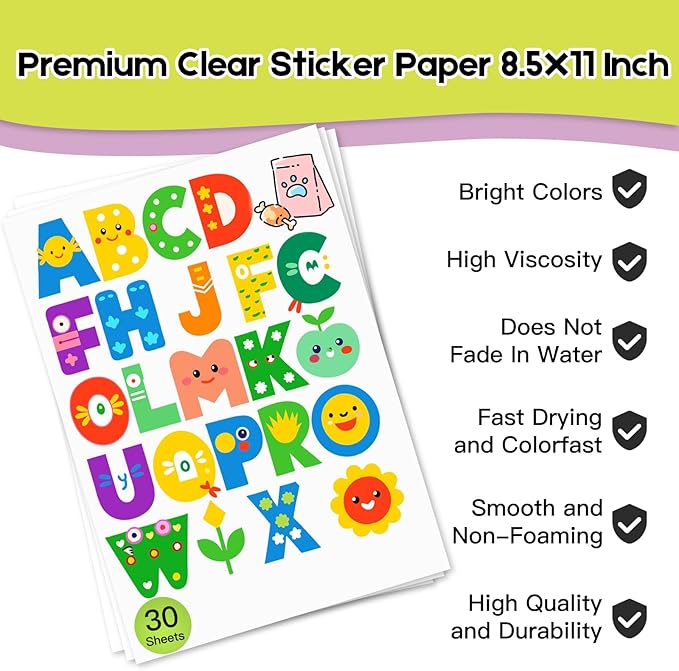 30 Sheets Premium Printable Vinyl Sticker Paper for Inkjet Printers Glossy White 8.5x11 Inch Waterproof & Vibrant Colours Retains Ink Well Tear Resistant Great for Cutting Machines