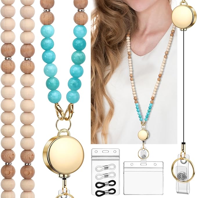 Teacher Lanyard with Id Holder, Cute Lanyards for Id Badges Keys, Retractable Natural Wooden Beaded Lanyard for Women, Lake Blue