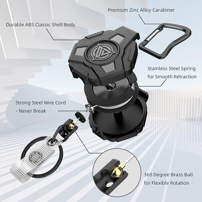 4 Pack Retractable Keychain Heavy Duty, Badge Reels Retractable, Tactical ID Badge Holder with Upgraded Zinc Alloy Carabiner, 31.5'' Coated Steel Cord, Bearing 8.0 oz