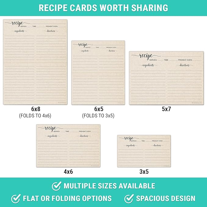 321Done Recipe Cards, Made in USA - 4x6 Tan, Simple Script, Double-Sided Thick Cardstock, Cute Vintage Rustic Kraft Look for Bridal Shower Wedding Housewarming Gift - Pack of 50