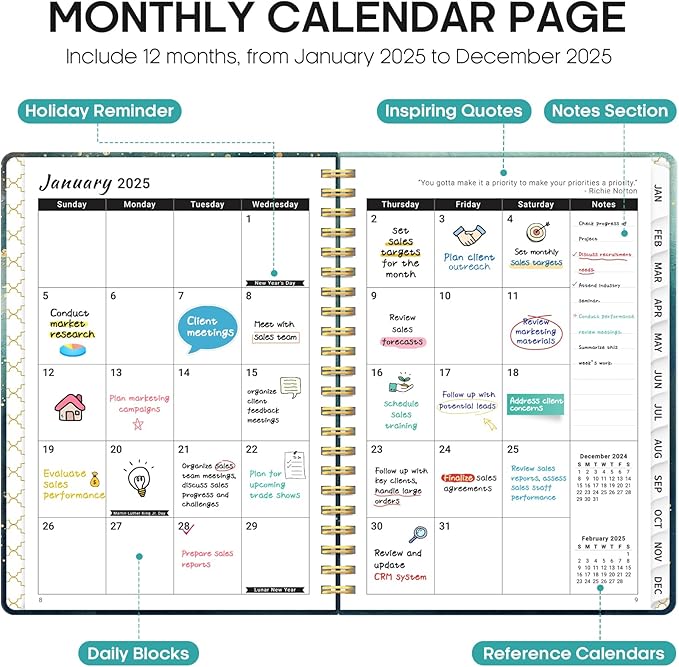 2025 Planner, Weekly and Monthly Planner, 12 Month (Jan 2025 - Dec 2025), Hardcover 2025 Calendar Planner Book with Monthly Tabs, Inner Pocket, Spiral Bound, Perfect for Office Home School Supplies - A5 (6.3" x 8.5"), Whale