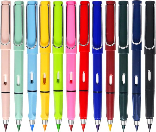 12Pack Forever Pencils for Kids Writing, Infinity Pencil Cute Inkless Everlasting Pencil with Eraser for Sketching (Colored)