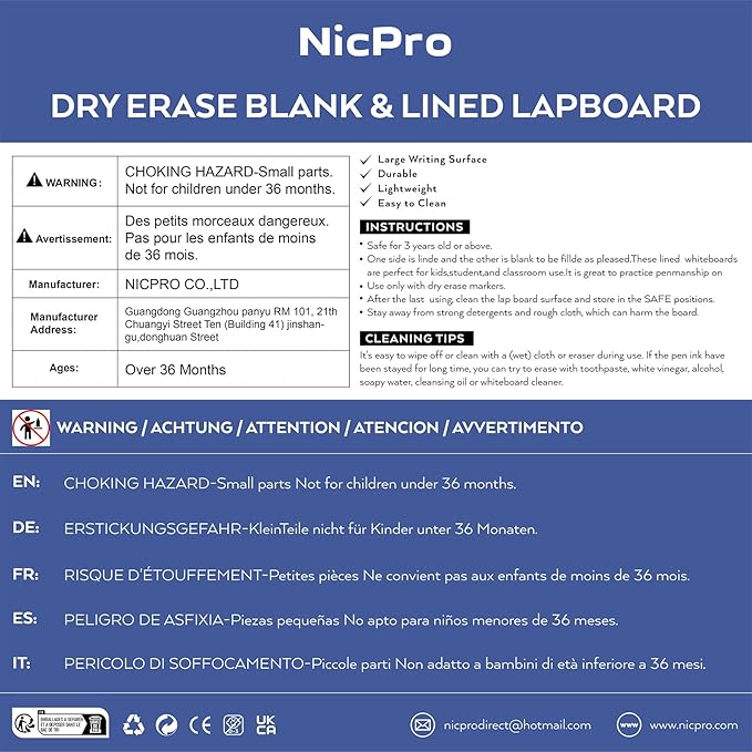 Nicpro 12 x 16 inches Lapboard Small Dry Erase Lap Board Double Sided with 3 Water-Based Pens Learning Mini Whiteboard Portable for Kid Student and Classroom Use