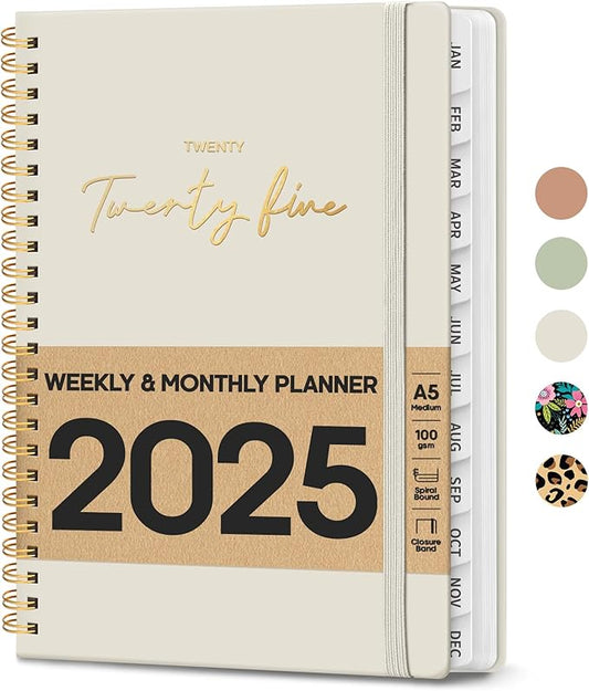 2025 Planner - Weekly and Monthly Planner, January 2025 to December 2025, Spiral Bound 2025 Calendar Planner Book, Inner Pocket, Perfect for Office Home School Supplies - A5 (6.3" x 8.5"), Beige Gray