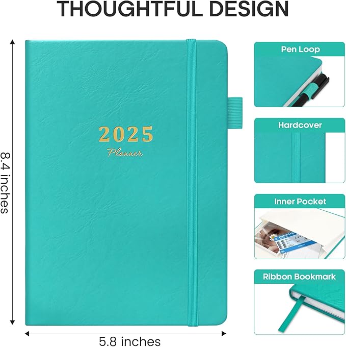 2025 Planner - Weekly and Monthly Planner, January 2025 to December 2025, Hardcover 2025 Calendar Planner Book, Inner Pocket, Perfect for Office Home School Supplies - A5 (5.8" x 8.4"), Aquamarine