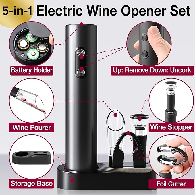 5-in-1 Electric Wine Opener Set with Wine Stopper, Wine Pourer, Foil Cutter, and Storage Base – Easily Remove Corks with the Push of a Button for Decanting and Preservation (Black VBGS)