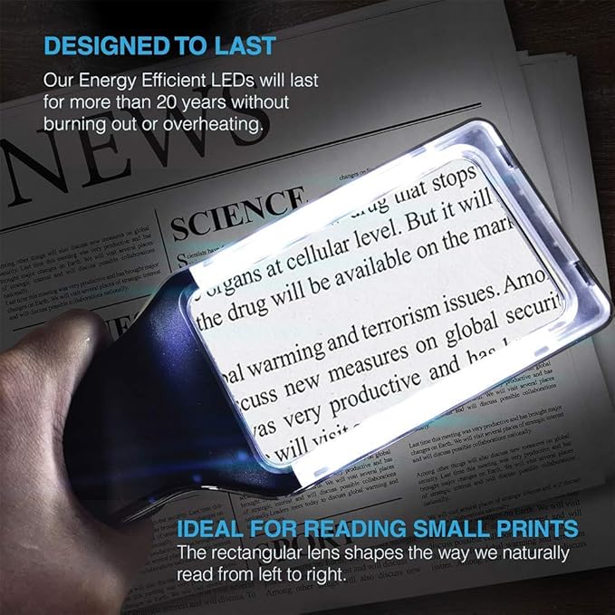 MagniPros Patented 6X Rechargeable Magnifying Glass with 3 Color Light Modes & Anti-Glare Lens - Relieve Eye Strain | Perfect for Low Vision Seniors, Macular Degeneration & Fine Print