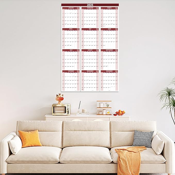 2025 Wall Calendar 34.8" x 22.8" Large Vertical Yearly Wall Hanging Calenda with Julian Date Thick Paper Calendar 12 Month Annual Wall Planner for Wall Office Fridge(Red)