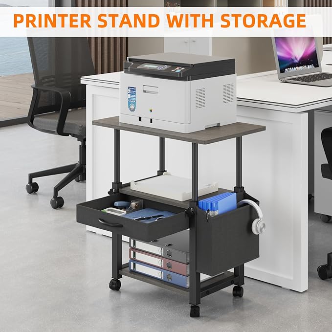 22"x15" Large Printer Stand with Storage Drawer and Side Bag, 3-Tier Height Adjustbale Printer Cart for Home Office, Rolling Printer Table fit Heat Press/Laser printer/3D Printer(Grey)