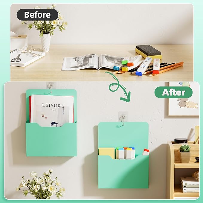 2 Pack Magnetic File Holder - Paper Holder, Pocket Organizer,Hanging Wall File Organizer Office Supplies Storage, Magazine Mail Organizer Case for Notebooks,Planners,Letter (Green)