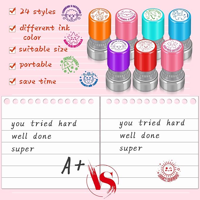 Yinder 24 Pcs Teacher Stamps for Classroom Self Inking Classroom Stamps Bulk for Teachers Elementary Colorful Motivational Encouraging Gifts(Spanish Style)