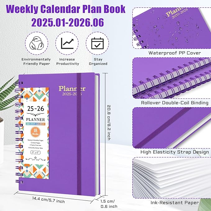2025-2026 Weekly and Monthly Planner, 18 Month Calendar Planner Jan.2025 to Jun.2026 - Daily Planner 2025-2026, Work Planner for Women Men 5.7" x 8.2"- Dark Purple