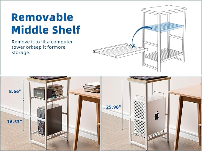 3-Tier Heavy-Duty Printer Stand – Multi-Functional Office Organizer with Wood Top, Perfect for Desk Underneath Storage,White with Burlywood Board