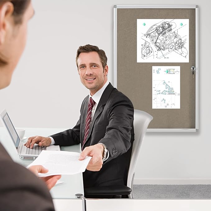 Enclosed Bulletin Board Lockable Display Case Message Board with Locking Door for Indoor, Grey Felt, Aluminum Frame, 36 X 24 in