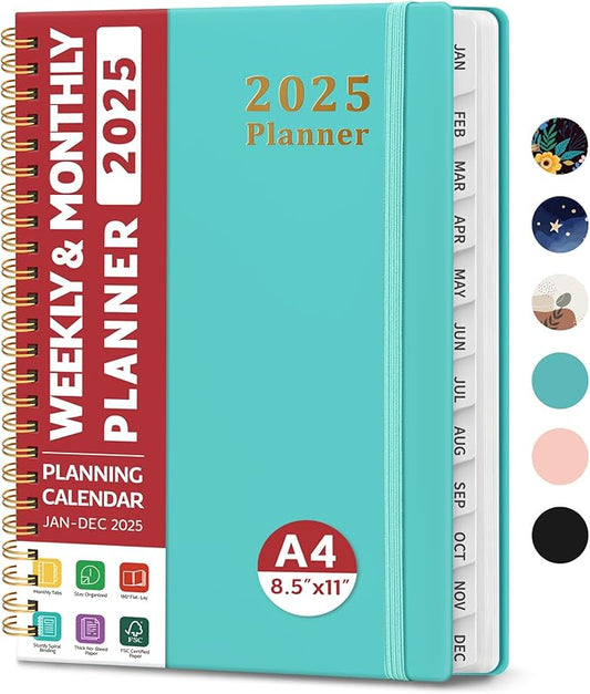 2025 Planner - Weekly and Monthly Planner Spiral Bound, January 2025 - December 2025, Hardcover 2025 Calendar Planner Book with Tabs, Inner Pocket, Perfect for Office Home School Supplies - A4 (8.5" x 11"), Aquamarine