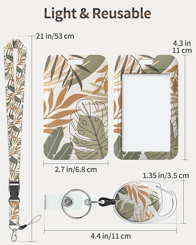 Uniclife Floral Sliding Badge Holder Monstera Leaves Plastic Case with Retractable Badge Reel Carabiner Clip and Detachable Lanyard Strap Vertical Card Protector for Women Nurse Teacher Student