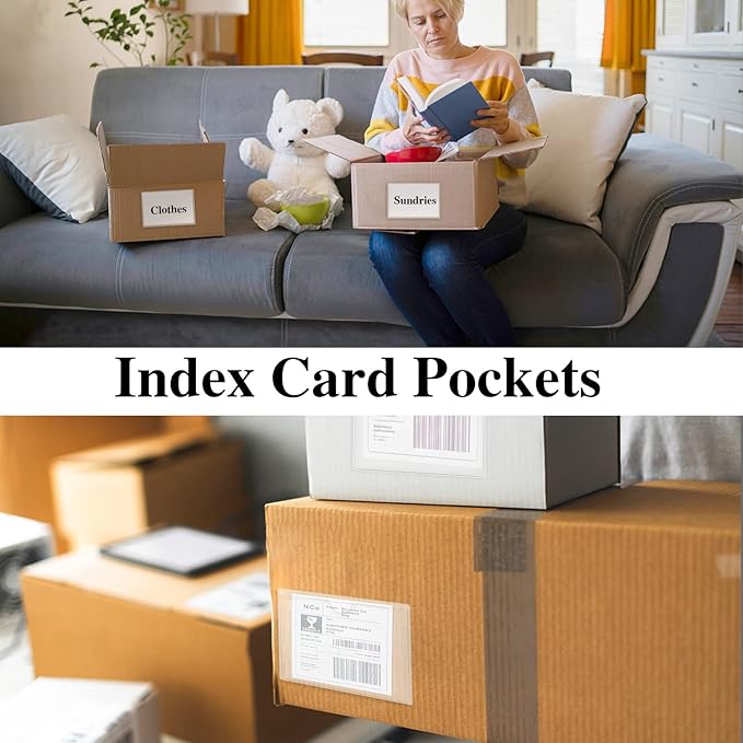 36 Pack Adhesive 3" x 5" Index Card Pockets with Top Open for Loading, Clear Plastic Labels Holders for Organizing, Storage Bins, Library Card, Totes, Shelves