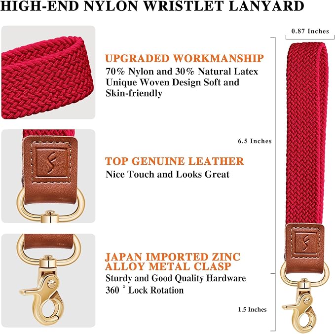 Fishent Stretchy Wristlet Keychain,Braided Cute Wrist Lanyards for Keys, Key Chain Holder for Women Men, Wrist Strap Keychain for Car Keys Phone Camera Wallet ID Badges Card (Red)