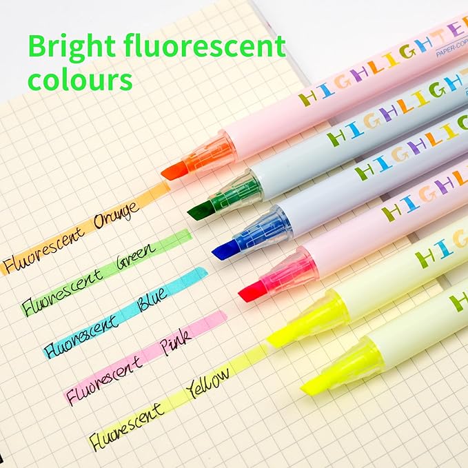 6 Pack Bright Cute Highlighters Set, 5 Fluorescent Colors,2pcs of yellow,Chisel Tip, No Bleed Bible, Quick Dry Ideal Highlighter Set great for Organizing And Coloring School Supplies