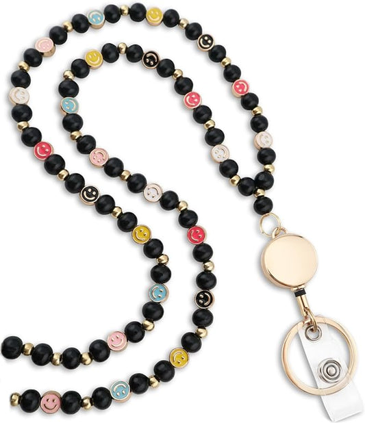 Smile Teacher Lanyard for Women with Retractable ID Badge Reel and Keychain Cute Happy Beads Lanyard
