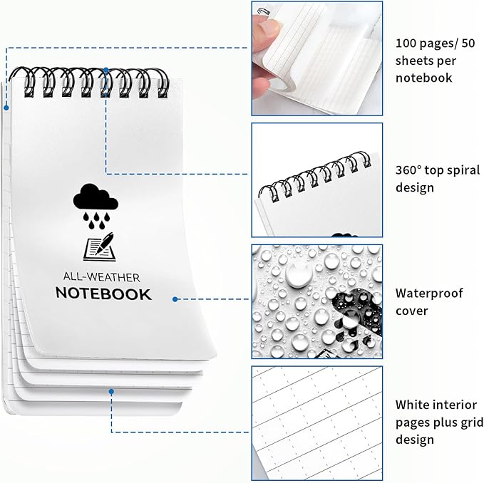 3 Pack Waterproof Notebook, 3 x 5 Pocket Notepad, All Weather Small Pocket Notebook Stone Paper, Mini Spiral Notepad Police Notepad 100 Lined Pages for Outdoor Office