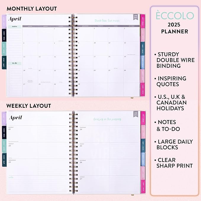 2025 Eccolo Large Spiral Agenda Planner, Hardcover, Weekly & Monthly Pages, 12 Month, Art + Quotes (Extra Large - 9" x 10.5")