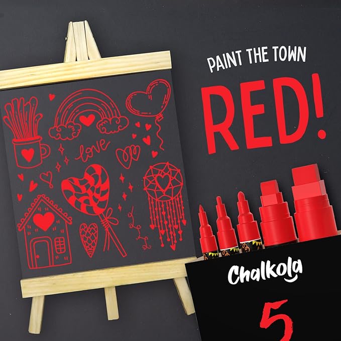 5 Red Chalkboard Chalk Markers - Red Dry Erase Markers for Blackboard, Chalkboard Signs, Windows, Glass | Variety Pack - Fine & Jumbo Size Ink Pen (1mm, 3mm, 6mm, 10mm, 15mm)