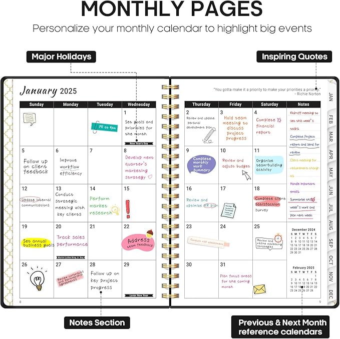 2025 Planner, Weekly and Monthly Planner Spiral Bound, Jan 2025 - Dec 2025, Hardcover 2025 Calendar Planner Book with Tabs, Inner Pocket, Perfect for Office Home School Supplies - A5 (6.3" x 8.5"), Black