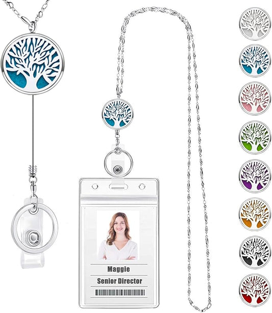Retractable Lanyard for ID Badges Holder Badge Reels Retractable for Nurses Diffuser Necklace Lanyards for Women Silver Stainless Steel Chain Lanyard for Teacher Office Worker Tree of Life