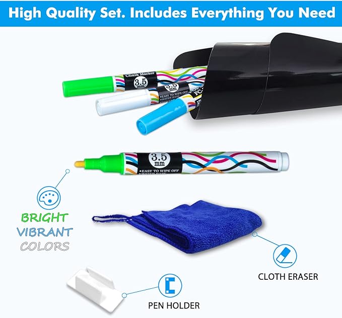 Magnetic Black Dry Erase Board Sheet 12" x 8" for Fridge, Easy to Read with 3 Bright Colors Chalk Markers, Small Refrigerator Magnet Whiteboard for Family Planner Grocery List