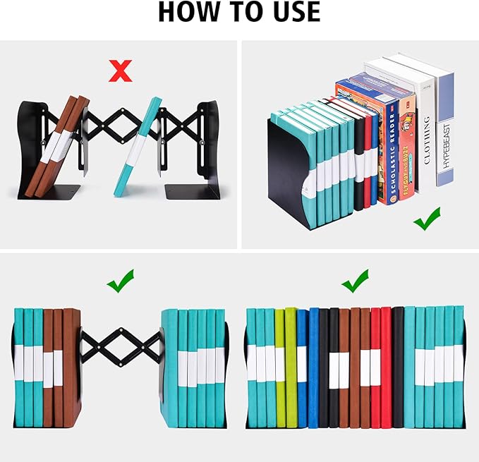 2PCS Adjustable Bookends, Metal Book Ends for Heavy Book, 2 Dividers, Nonslip Book Stander for Desk, Shelf, Office, Stationery Gift, Extends up to 19 inches (Black)