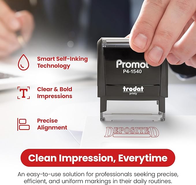 Promot Deposited Self Inking Rubber Stamp - Refillable Office Stamps - Business, Bookkeeping, Ordering, Accounting, Work, Deposit Stamper - Red Ink