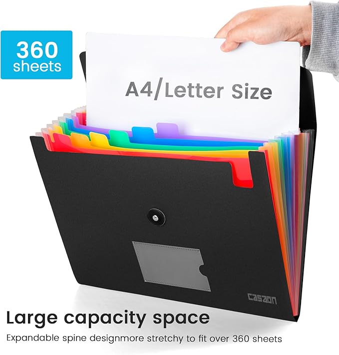 13 Pocket Expanding File Folder Accordian File Organizer, A4 Letter Size Paper Document Receipt Holder for School Office Supplies, Black