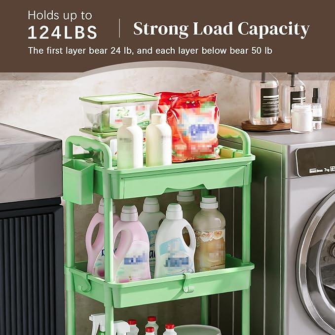 3 Tier Rolling Utility Cart with Drawer, Utility Storage Organizer with Plastic Shelf & Lockable Wheels Multifunctional Storage Cart for Kitchen, Bathroom, Office, Living Room, Green