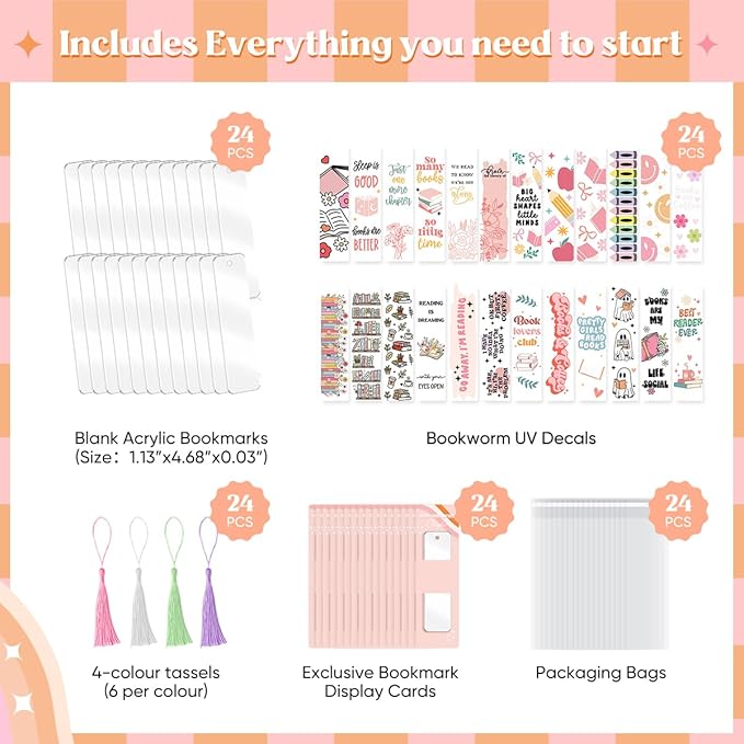 48PCS Bookmark Making Kit, 24 Acrylic Bookmark Blanks with 24Pcs Tassels, 24UV Stickers about Booklover Theme, DIY Blank Bookmarks Waterproof UV DTF Transfers Stickers for Clear Bookmarks DIY Projects