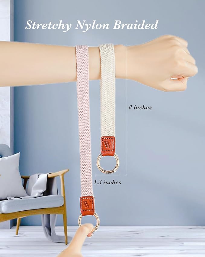 2 Pack Keychain Wristlet Strap Stretchy Lanyard for Keys Cute Wrist Key Chain for Women Men Wallet ID Badges Car Keys (Starlight + Sand Pink)