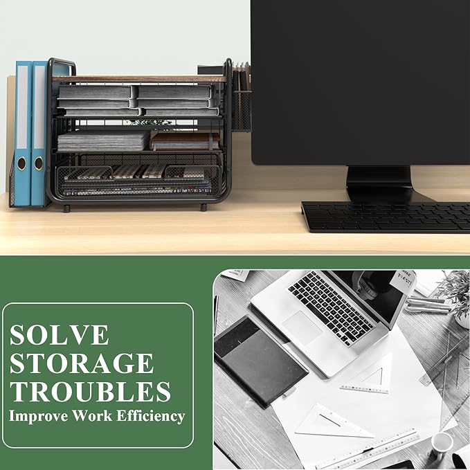 2025 New Large Capacity Desk Organizer with Drawer, Wooden 4-Tier Paper Organizer Letter Tray with File Holder and Pen Holders, Wooden Desk Accessories for A4 Paper Work Folder Storage (Style1)