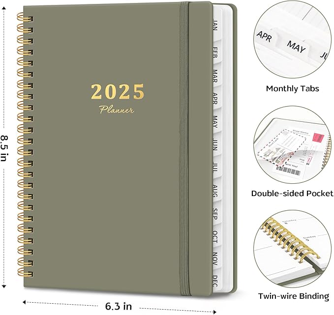 2025 Planner Weekly and Monthly, Jan 2025 - Dec 2025, Hardcover 2025 Calendar Planner Book with Monthly Tabs, Inner Pocket, Aesthetic Planner 2025 for Office Home School Planning - A5 (6.3" x 8.5"), Spiral Bound, Green