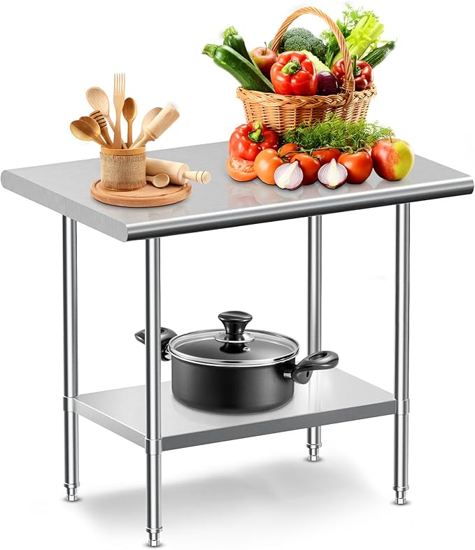 24" D x 30" W x 34" H Stainless Steel Table, NSF Stainless Steel Work Table for Prep with Adjustable Undershelf, for Commercial Kitchen, Restaurant, Laundry Room and Garage