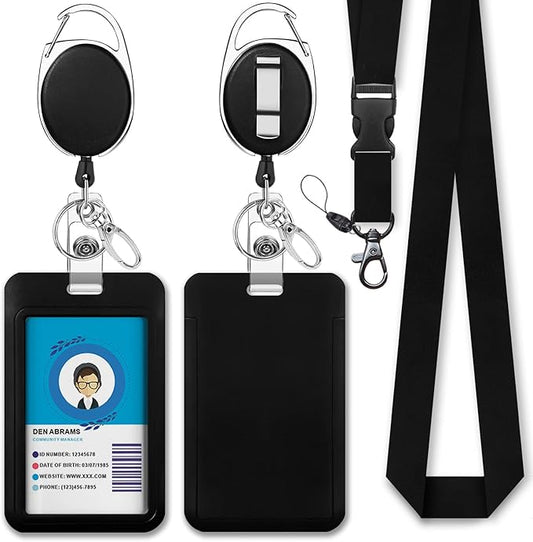 Giancomics Black Lanyards for Id Badges, ID Badge Holder with Lanyard, Badge Reel Retractable Heavy Duty, Lanyard with ID Holder Keychain Clip Name Tag ID Card Holder for Teacher Women Men Work Office