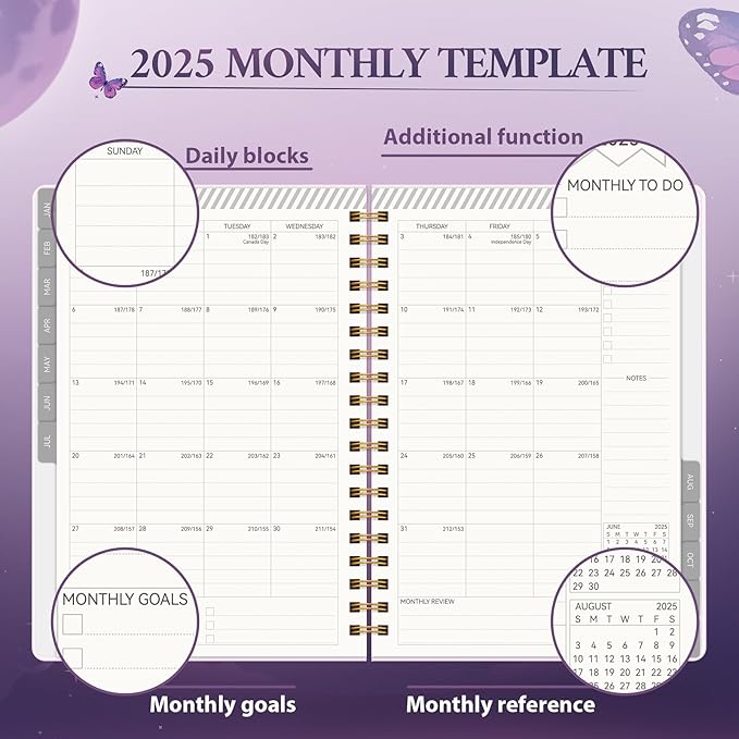 2025 Planner Weekly & Monthly Agenda Book, Daily Planner Hardcover, 2025 To Do List Notebook with Monthly Tabs, Pocket, Spiral Bound, Elastic Closure, Thick Paper(7.5 * 10.2) Butterfly