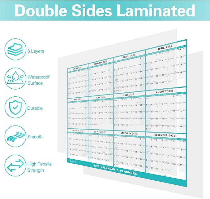 32" x 48" 2025 Wall Calendar, Folded Wet & Dry Erase Wall Calendar 12 Month, Annual Yearly Planner Yearly Laminated Calendar 2025 Horizontal/Vertical, with Julian Dates