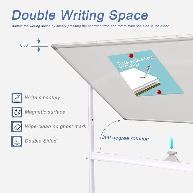 48" x 32" Adjustable Mobile Double-Sided Dry Erase Whiteboard Easel with Casters - Sturdy Reversible White Board for Offices, Schools, and Presentations